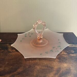 1930s Pink Depression‎ Frosted Glass Handled Serving Tray Hand Painted Design